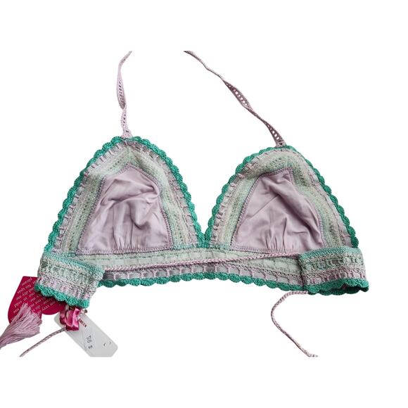 New Rinikini Bikini Top Small Crochet Metallic Teal Blue Silver Tassle - Picture 2 of 9